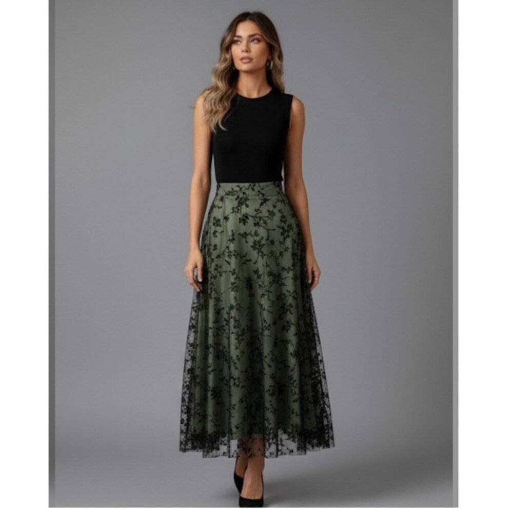 Floral Flocking Tulle Long A-Line Skirt Green - Picture 3 of 11